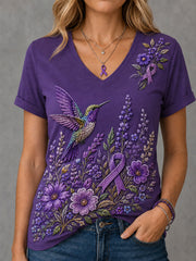 Damen-T-Shirt mit violetter Blumen- und Kolibri-Print-Aufschrift zur Sensibilisierung für Alzheimer, V-Ausschnitt