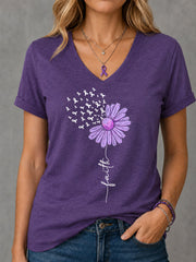 Frauen Lila Band Sonnenblume Glaubens druck Alzheimer-Bewusstseins unterstützung V-Ausschnitt T-Shirt