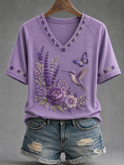 Damen-T-Shirt mit violetter Blumen- und Kolibri-Print-Aufschrift zur Sensibilisierung für Alzheimer, V-Ausschnitt
