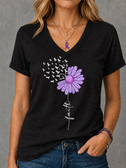 Frauen Lila Band Sonnenblume Glaubens druck Alzheimer-Bewusstseins unterstützung V-Ausschnitt T-Shirt
