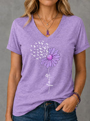 Frauen Lila Band Sonnenblume Glaubens druck Alzheimer-Bewusstseins unterstützung V-Ausschnitt T-Shirt