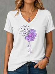 Frauen Lila Band Sonnenblume Glaubens druck Alzheimer-Bewusstseins unterstützung V-Ausschnitt T-Shirt
