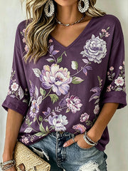 Damen lila Pflanzen blumen muster gedruckt lässig mittellange Ärmel V-Ausschnitt T-Shirt