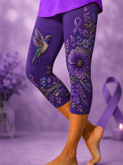 Lila Damen-Cropped-Leggings mit Blumen- und Kolibri-Print zur Sensibilisierung für die Alzheimer-Krankheit