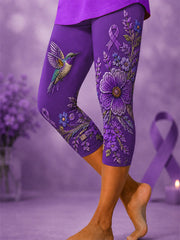 Lila Damen-Cropped-Leggings mit Blumen- und Kolibri-Print zur Sensibilisierung für die Alzheimer-Krankheit