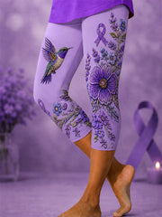 Lila Damen-Cropped-Leggings mit Blumen- und Kolibri-Print zur Sensibilisierung für die Alzheimer-Krankheit