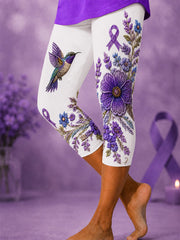 Lila Damen-Cropped-Leggings mit Blumen- und Kolibri-Print zur Sensibilisierung für die Alzheimer-Krankheit