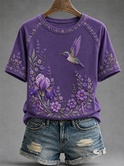 Damen-T-Shirt in Lila mit Blumen- und Kolibri-Print zur Sensibilisierung für die Alzheimer-Krankheit