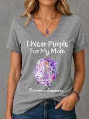 Frauen Ich trage Lila für meine Mutter Blumen druck Alzheimer Awareness Support V-Ausschnitt T-Shirt