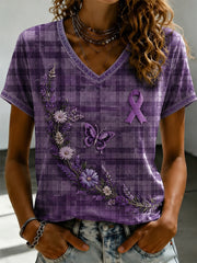 Damen-T-Shirt mit violetter Blumen-Print-Optik und V-Ausschnitt