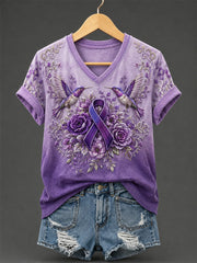Damen-T-Shirt mit violetter Blumen- und Kolibri-Print-Aufschrift zur Sensibilisierung für Alzheimer, V-Ausschnitt