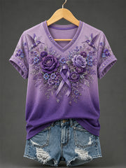 Damen-T-Shirt mit violetter Blumen- und Kolibri-Print-Aufschrift zur Sensibilisierung für Alzheimer, V-Ausschnitt