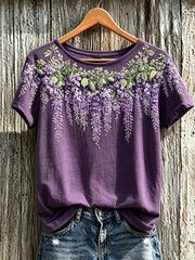 Damen-Kurzarm-T-Shirt mit lila Pflanzen-Blumenmuster bedruckt