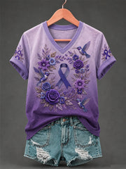 Damen-T-Shirt mit violetter Blumen- und Kolibri-Print-Aufschrift zur Sensibilisierung für Alzheimer, V-Ausschnitt