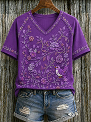 Damen-T-Shirt mit violetter Blumen- und Kolibri-Print-Aufschrift zur Sensibilisierung für Alzheimer, V-Ausschnitt