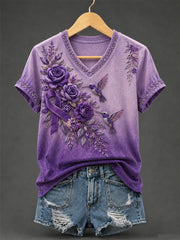 Damen-T-Shirt mit violetter Blumen- und Kolibri-Print-Aufschrift zur Sensibilisierung für Alzheimer, V-Ausschnitt