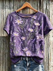 Damen-Lässiges T-Shirt mit violettem Pflanzen- und Blumenmuster, kurzärmlig