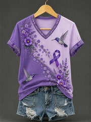 Damen-T-Shirt mit violetter Blumen- und Kolibri-Print-Aufschrift zur Sensibilisierung für Alzheimer, V-Ausschnitt