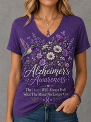 Frauen Das Herz wird immer halten, was der Verstand nicht mehr mit Blumen druck Alzheimer Awareness Support V-Ausschnitt T-Shirt kann