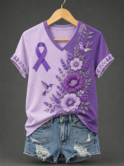 Damen-T-Shirt mit violetter Blumen- und Kolibri-Print-Aufschrift zur Sensibilisierung für Alzheimer, V-Ausschnitt