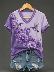 Damen-T-Shirt mit violetter Blumen- und Kolibri-Print-Aufschrift zur Sensibilisierung für Alzheimer, V-Ausschnitt
