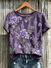 Damen-Lässiges T-Shirt mit violettem Pflanzen- und Blumenmuster, kurzärmlig