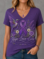 Damen-T-Shirt mit violetter Blumen- und Kolibri-Print-Aufschrift zur Sensibilisierung für Alzheimer, V-Ausschnitt