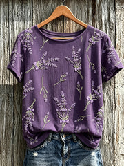 Damen-Lässiges T-Shirt mit violettem Pflanzen- und Blumenmuster, kurzärmlig