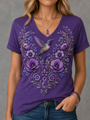 Damen-T-Shirt mit violetter Blumen- und Kolibri-Print-Aufschrift zur Sensibilisierung für Alzheimer, V-Ausschnitt