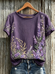 Damen-Lässiges T-Shirt mit violettem Pflanzen- und Blumenmuster, kurzärmlig