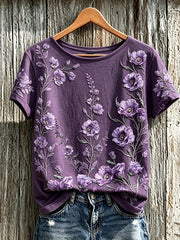 Damen-Lässiges T-Shirt mit violettem Pflanzen- und Blumenmuster, kurzärmlig