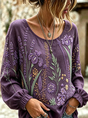Damen Lila Pflanzen Blumenmuster Bedruckt Lässiges Baumwoll-Leinen-Hemd