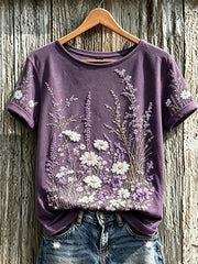 Damen-Lässiges T-Shirt mit violettem Pflanzen- und Blumenmuster, kurzärmlig