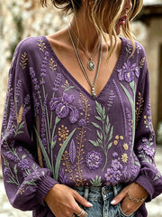 Lässiges Damen-Hemd aus Baumwolle-Leinen mit violettem Pflanzen- und Blumenmuster