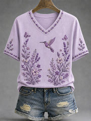 Damen-T-Shirt mit violetter Blumen- und Kolibri-Print-Aufschrift zur Sensibilisierung für Alzheimer, V-Ausschnitt