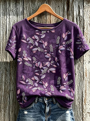 Damen-Lässiges T-Shirt mit violettem Pflanzen- und Blumenmuster, kurzärmlig