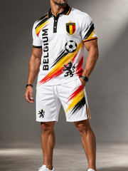 Kurzarm-Polo-Shirt-Set für Herren mit Löwen-und Fußball-Themen druck