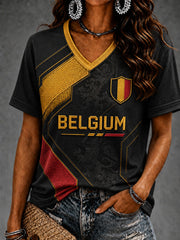Frauen Belgien Fußball Kurzarm T-Shirt mit V-Ausschnitt