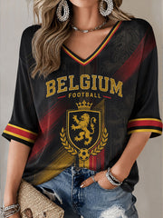 Belgisches Frauen-Fußball-T-Shirt mit mittellangen Ärmeln und V-Ausschnitt