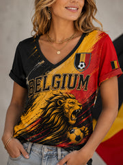 Frauen-Fußball-Themen-Print Kurzarm-Top mit V-Ausschnitt