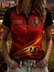 Damen-Kurzarm-Polo-Shirt mit Fußball-Löwen-Print