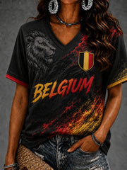 Belgisches Damen-Fußball-T-Shirt mit kurzen Ärmeln und V-Ausschnitt