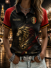 Damen-Poloshirt mit kurzen Ärmeln und Fußball-Löwen-Print