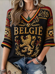 Belgisches Frauen-Fußball-T-Shirt mit mittellangen Ärmeln und V-Ausschnitt