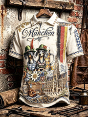 Herren-Poloshirt im Münchner Oktoberfest-Stil mit Hunde-Print, lässig geschnitten