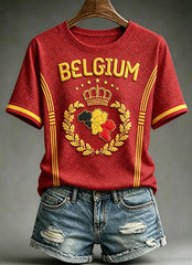 Weibliches, belgisches Nationaltag-Print, modisches Vintage-Loseshirt mit kurzen Ärmeln