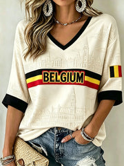 Damen-T-Shirt im belgischen Stil, lässig, mittellang, mit Ärmeln und V-Ausschnitt, zur Erinnerung