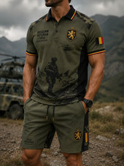 Herren-Poloshirt-Set mit kurzen Ärmeln und vintage Militärprint