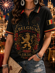 Damen-Poloshirt mit kurzen Ärmeln und Aufdruck zur Feier des Nationalfeiertags