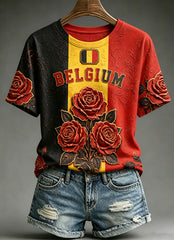 Weibliches, belgisches Nationaltag-Print, modisches Vintage-Loseshirt mit kurzen Ärmeln